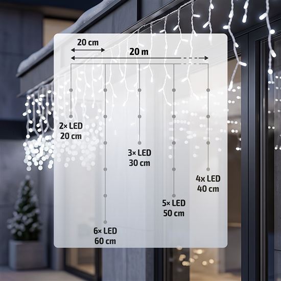 Solight LED vianočná girlanda, cencúle, 400 LED, 20m, IP44, studené biele svetlo