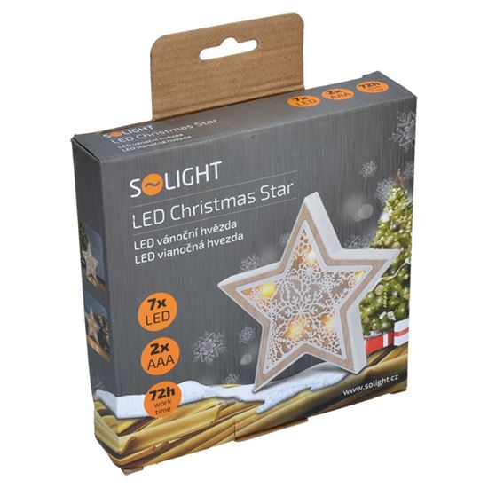 Solight LED drevená vianočná hvezda, drevený dekor, 6LED, teplá biela, 2x AAA