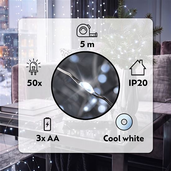 Solight vianočná reťaz strieborná, 50x mini LED, 5m, 3 x AA, studené svetlo