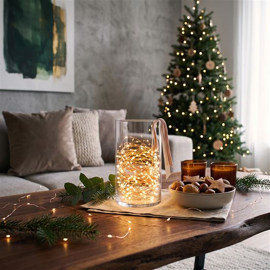 Solight vianočná reťaz medená, 50x mini LED, 5m, 3 x AA, teplé svetlo