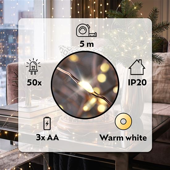 Solight vianočná reťaz medená, 50x mini LED, 5m, 3 x AA, teplé svetlo