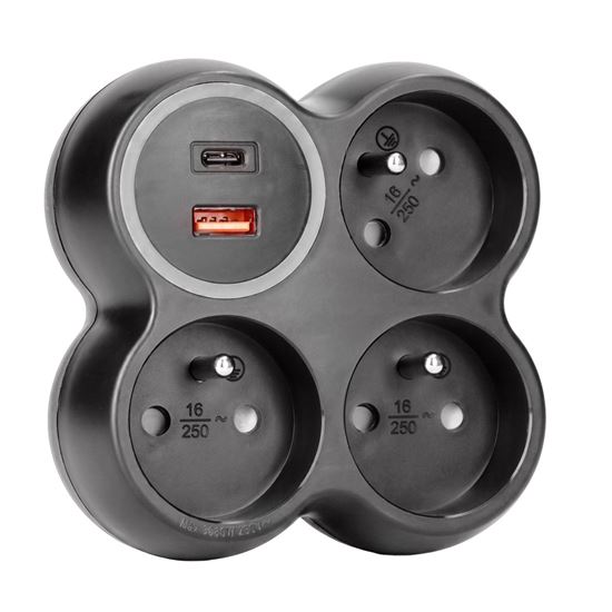 Solight rozbočovač, 3x 15A, USB A+C rychlonabíjačka 20W PD, matná čierna