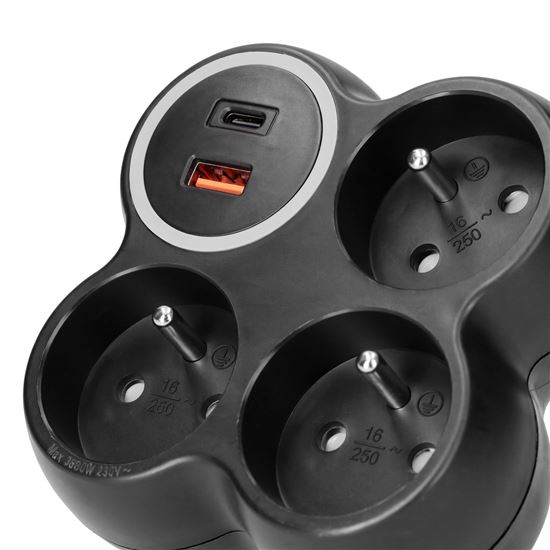 Solight rozbočovač, 3x 15A, USB A+C rychlonabíjačka 20W PD, matná čierna
