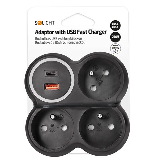 Solight rozbočovač, 3x 15A, USB A+C rychlonabíjačka 20W PD, matná čierna