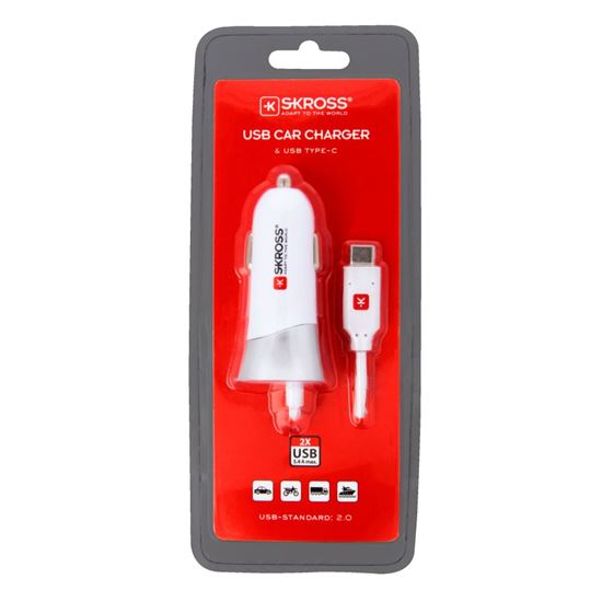 SKROSS USB Car Charger & Type-C nabíjací autoadaptér, integrovaný kábel + 1x USB výstup naviac, 5400mA max.