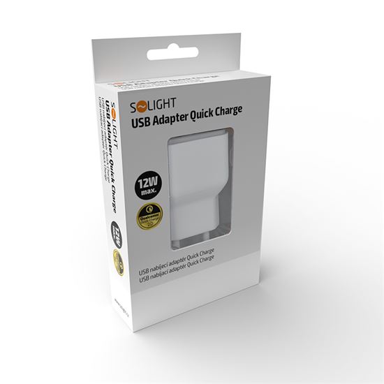 Solight USB nabíjací adaptér, fast charge: 1x USB Qualcomm, 5V2A/9V1.5A/12V1A,  AC 230V, bielosivý