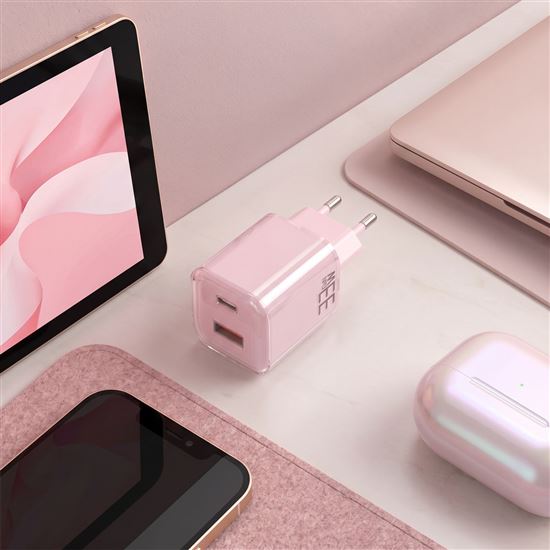 Solight 33W GaN fast charge USB-A + USB-C adaptér, ružový