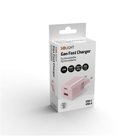 Solight 33W GaN fast charge USB-A + USB-C adaptér, ružový