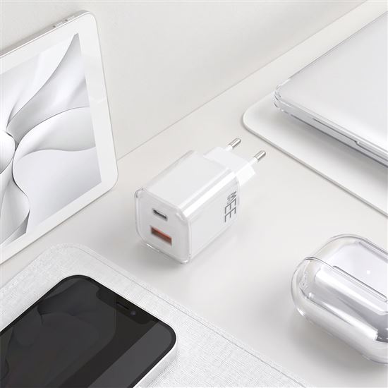 Solight 33W GaN fast charge USB-A + USB-C adaptér, biely