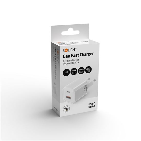 Solight 33W GaN fast charge USB-A + USB-C adaptér, biely