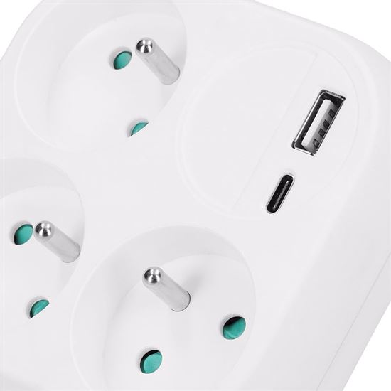 Solight rozbočovač 3x 16A, USB A+C rychlonabíjačka 20W PD, biely