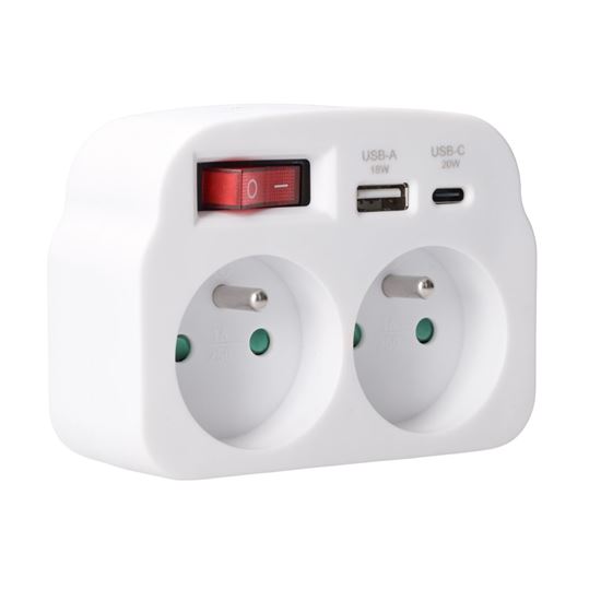 Solight rozbočovač 2 x 16A, USB A+C rychlonabíjačka 20W PD, biely, vypínač