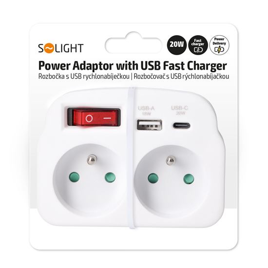 Solight rozbočovač 2 x 16A, USB A+C rychlonabíjačka 20W PD, biely, vypínač