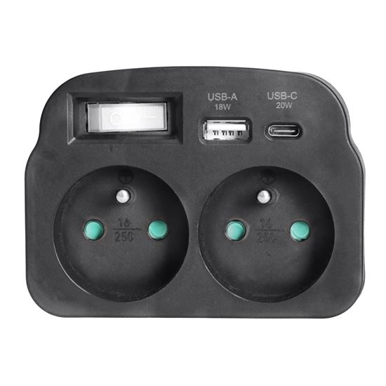 Solight rozbočovač 2 x 16A, USB A+C rychlonabíjačka 20W PD, čierny, vypínač