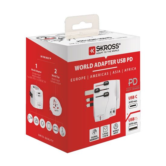SKROSS cestovný adaptér PRO Light USB AC30PD World, 7A max., USB A+C, PD 30W, UK+USA+Austrálie/Čína