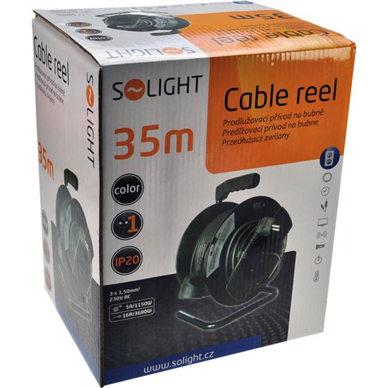 Solight predlžovací prívod na bubne, 1 zásuvka, čierny kábel, čierny bubon, 35m