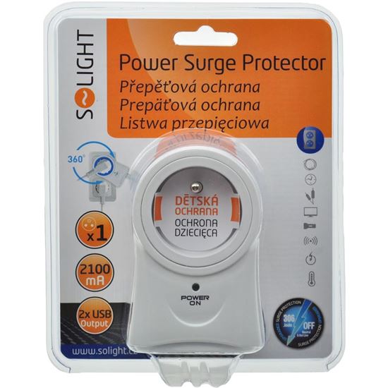Solight prepäťová ochrana do zásuvky, 306J, 1 zásuvka, otočná o 360°, 2x USB výstup