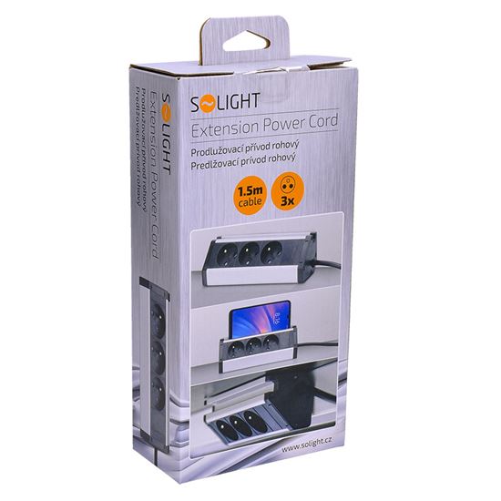 Solight predlžovací prívod, 3 zásuvky, 1,5m, 3 x 1mm2, hliník, rohový dizajn