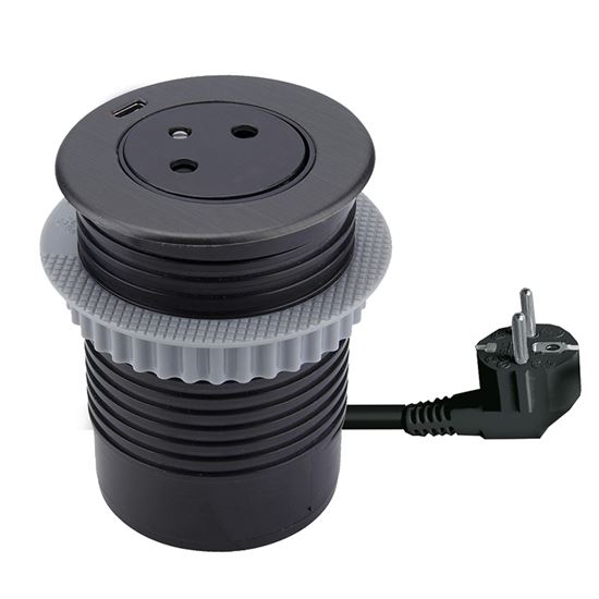 Solight 1z + 1x USB-C vstavaná zásuvka, nerez oceľ, EasyEject systém, predlžovací prívod 1,5m, 3x 1,5mm2, USB 3.0A, tmavá metalická 