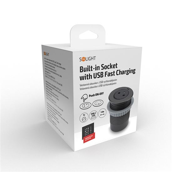 Solight 1z + 1x USB-C vstavaná zásuvka, nerez oceľ, EasyEject systém, predlžovací prívod 1,5m, 3x 1,5mm2, USB 3.0A, tmavá metalická 