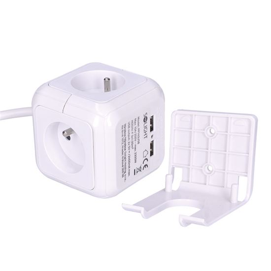 Solight predlžovací prívod kocka, 4 zásuvky 230V + 2x USB max. 2400mm, kábel 2m