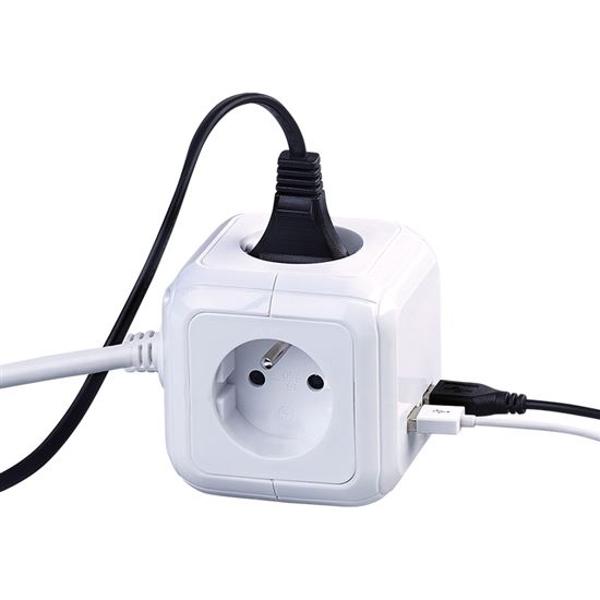 Solight predlžovací prívod kocka, 4 zásuvky 230V + 2x USB max. 2400mm, kábel 2m