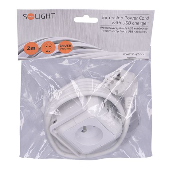 Solight predlžovací prívod kocka, 4 zásuvky 230V + 2x USB max. 2400mm, kábel 2m