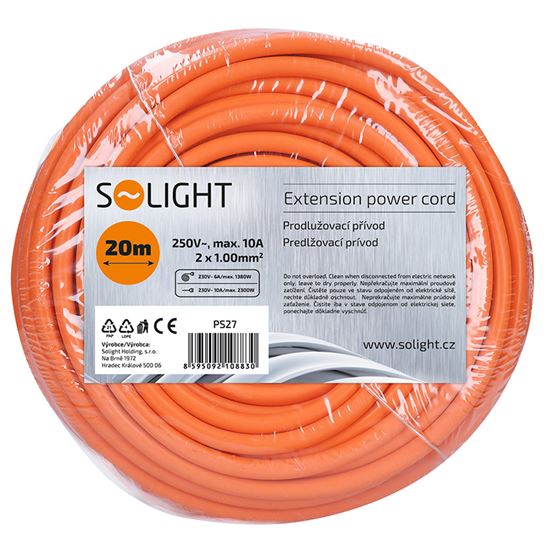 Solight pohyblivý prívod - spojka, 1 zásuvka, 20m, 2 x 1mm2, oranžová