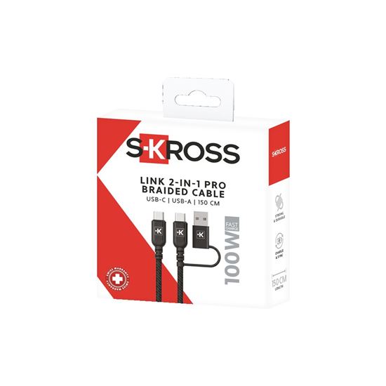 SKROSS USB C-C+A Link 2in1 Pro Cable, 100W, 150cm, opletený, čierny