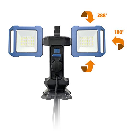 Solight duálny teleskopický prenosný LED reflektor so zásuvkou, 2x30W, 5400lm, 4000K, 62-152cm, IP54