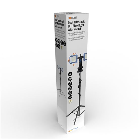 Solight duálny teleskopický prenosný LED reflektor so zásuvkou, 2x30W, 5400lm, 4000K, 62-152cm, IP54