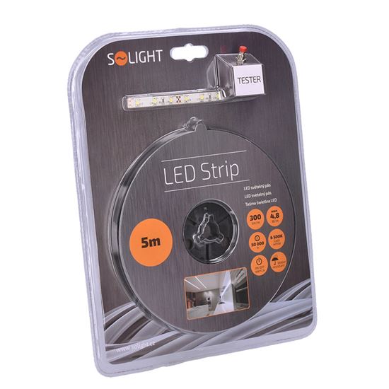 Solight LED svetelný pás s testrom, 5m, sada s 12V adaptérom, 4,8W/m, IP65, studená biela