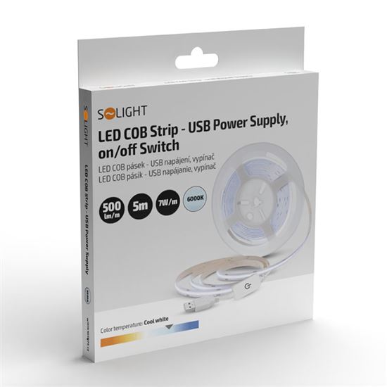 Solight LED COB opasok, 5m, 7W/m, 500lm/m, studená biela, USB napájanie, vypínač, 8mm