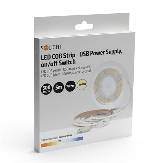 Solight LED COB opasok, 5m, 7W/m, 500lm/m, neutrálna biela, USB napájanie, vypínač, 8mm