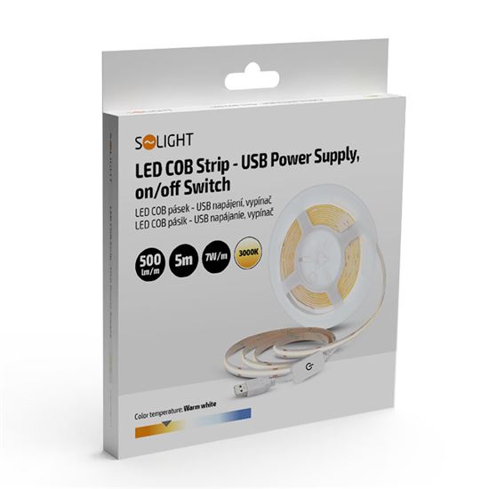 Solight LED COB opasok, 5m, 7W/m, 500lm/m, teplá biela, USB napájanie, vypínač, 8mm