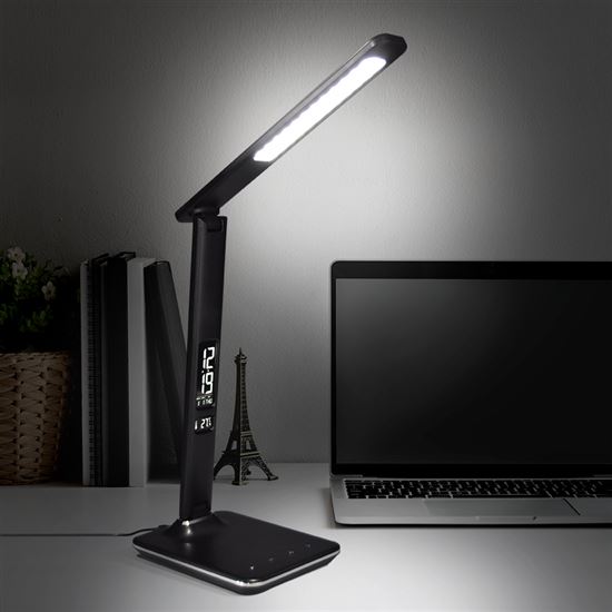 Solight LED stolná lampička s displejom, 9W, voľba teploty svetla, koža, čierna