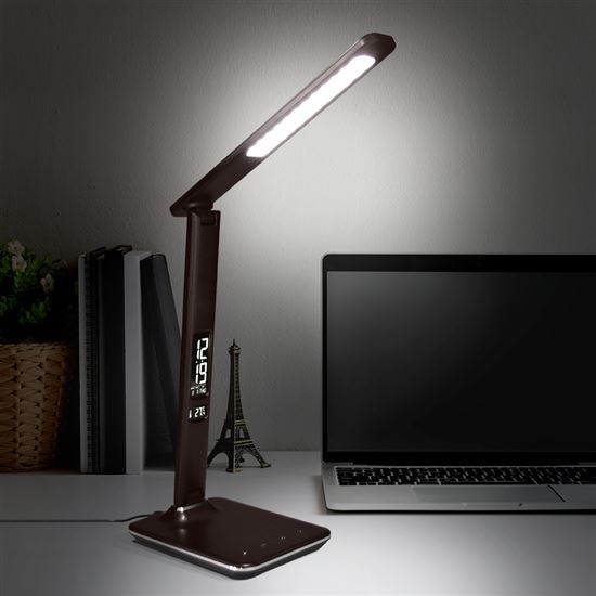 Solight LED stolná lampička s displejom, 9W, voľba teploty svetla, koža, hnedá