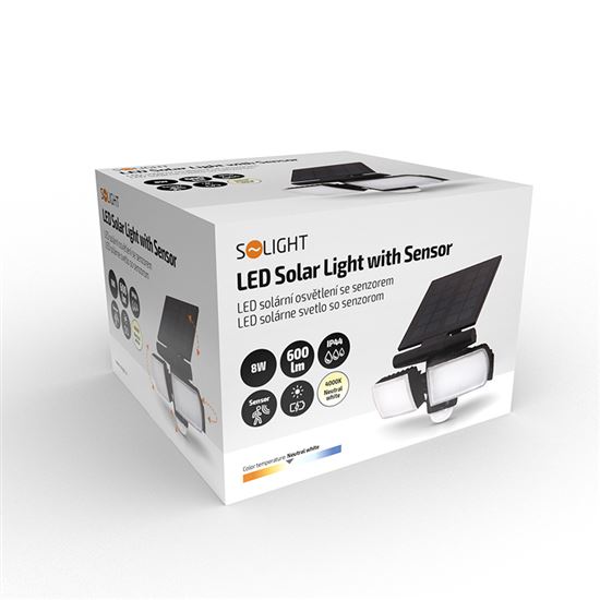 Solight LED solárne svetlo so senzorom, 8W, 600lm, Li-on, čierna