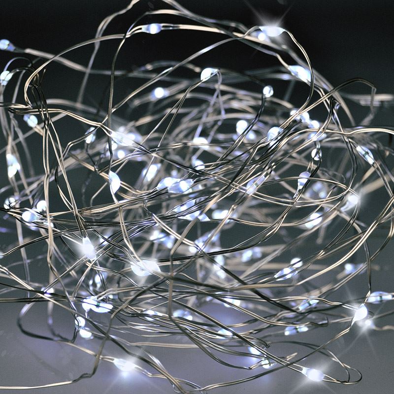 Solight vianočná reťaz strieborná, 100x mini LED, 10m, 3 x AA, studené svetlo
