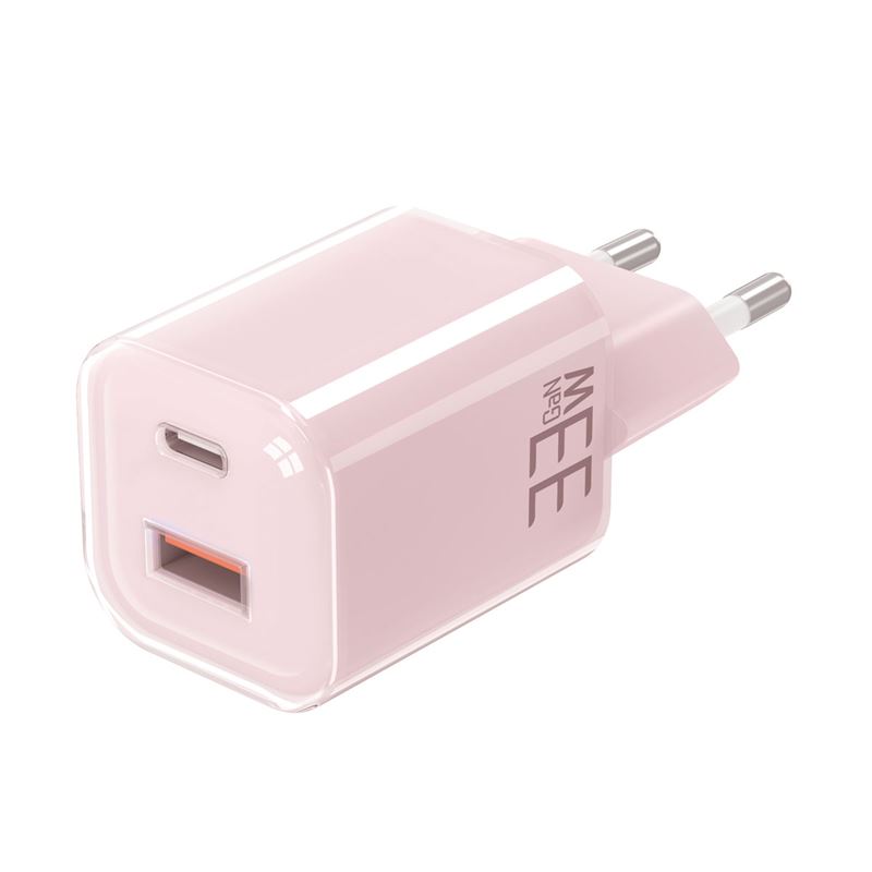 Solight 33W GaN fast charge USB-A + USB-C adaptér, ružový