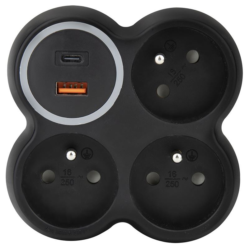 Solight rozbočovač, 3x 15A, USB A+C rychlonabíjačka 20W PD, matná čierna