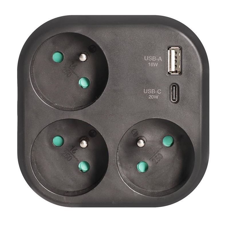 Solight rozbočovač 3x 16A, USB A+C rychlonabíjačka 20W PD, čierny