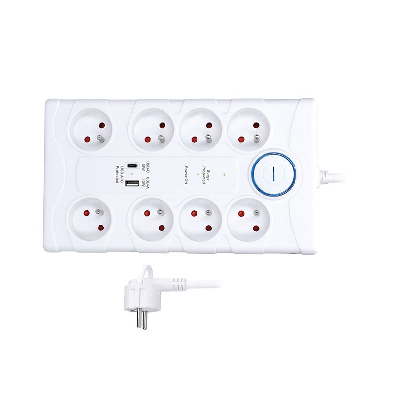 Solight prepäťová ochrana, 8z, USB A+C, 2m, biela
