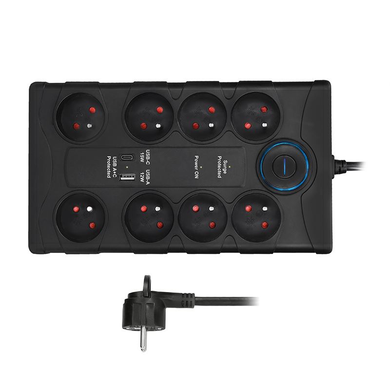 Solight prepäťová ochrana, 8z, USB A+C, 2m, čierna