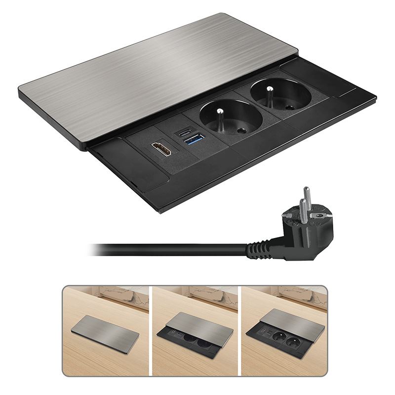 Solight vestavný blok zásuviek s posuvným krytom, 2 zásuvky, HDMI, USB A+C 20W PD, 2m, strieborný