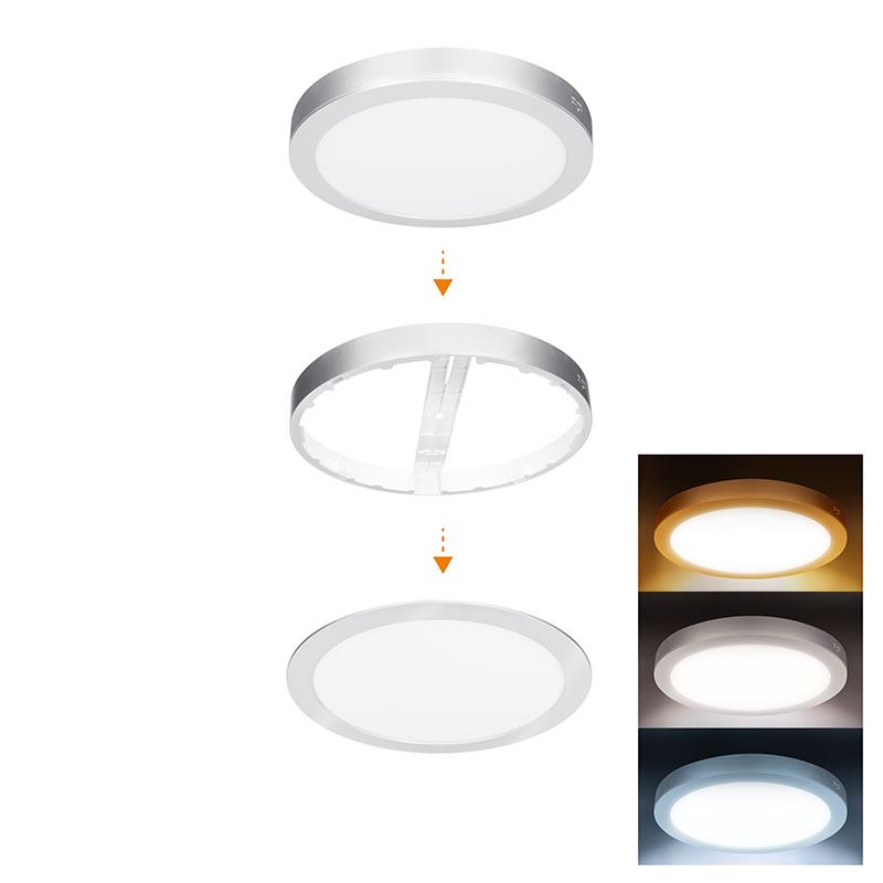Solight LED mini panel kúpeľňový 2v1, 3CCT, podhľadový / prisadený, 24W, 2040lm, IP54, strieborna, okrúhly
