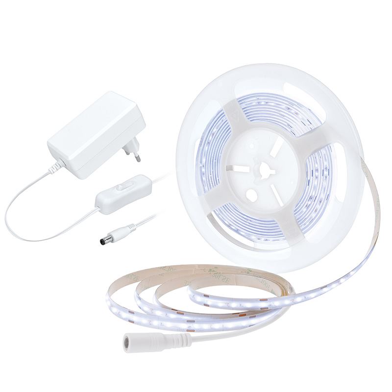 Solight LED COB pásik, sada s adaptérom, vypínač, 5m, 8W/m, 800lm/m, studená biela