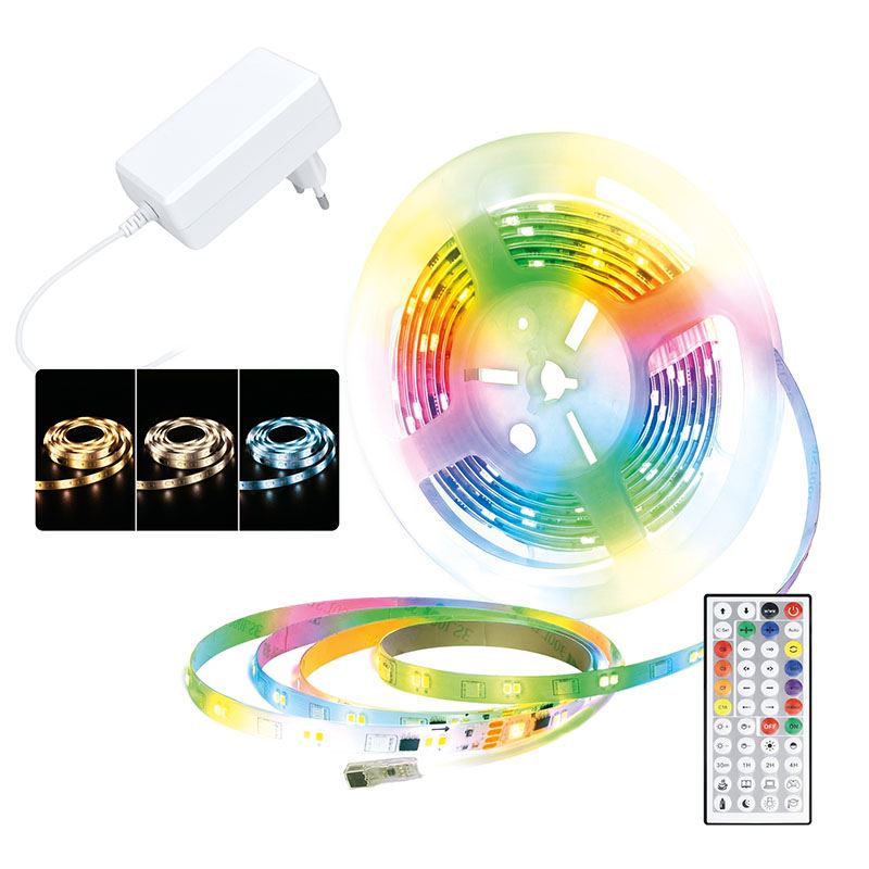 Solight LED svetelný pás, RGB + 3CCT, 5m, sada s 24V adaptérom a diaľk. ovládačom, 5W/m, IP65